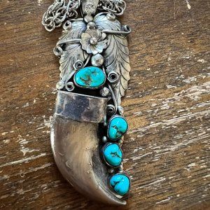 VINTAGE Navajo Sterling Silver Turquoise Blossom Necklace Pendant Roy Platero